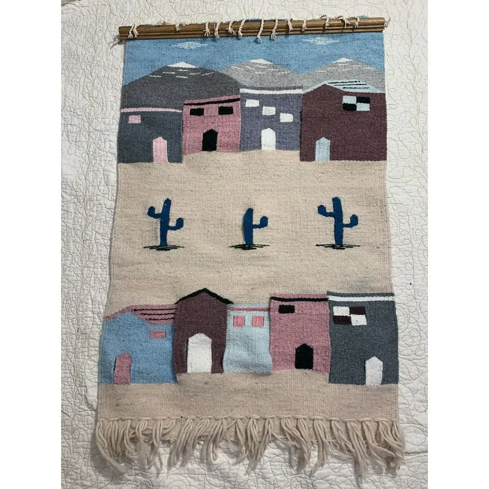 Vintage Handmade Latin American Mexican Wool Tapestry Pastel Kilim Desert Cactus